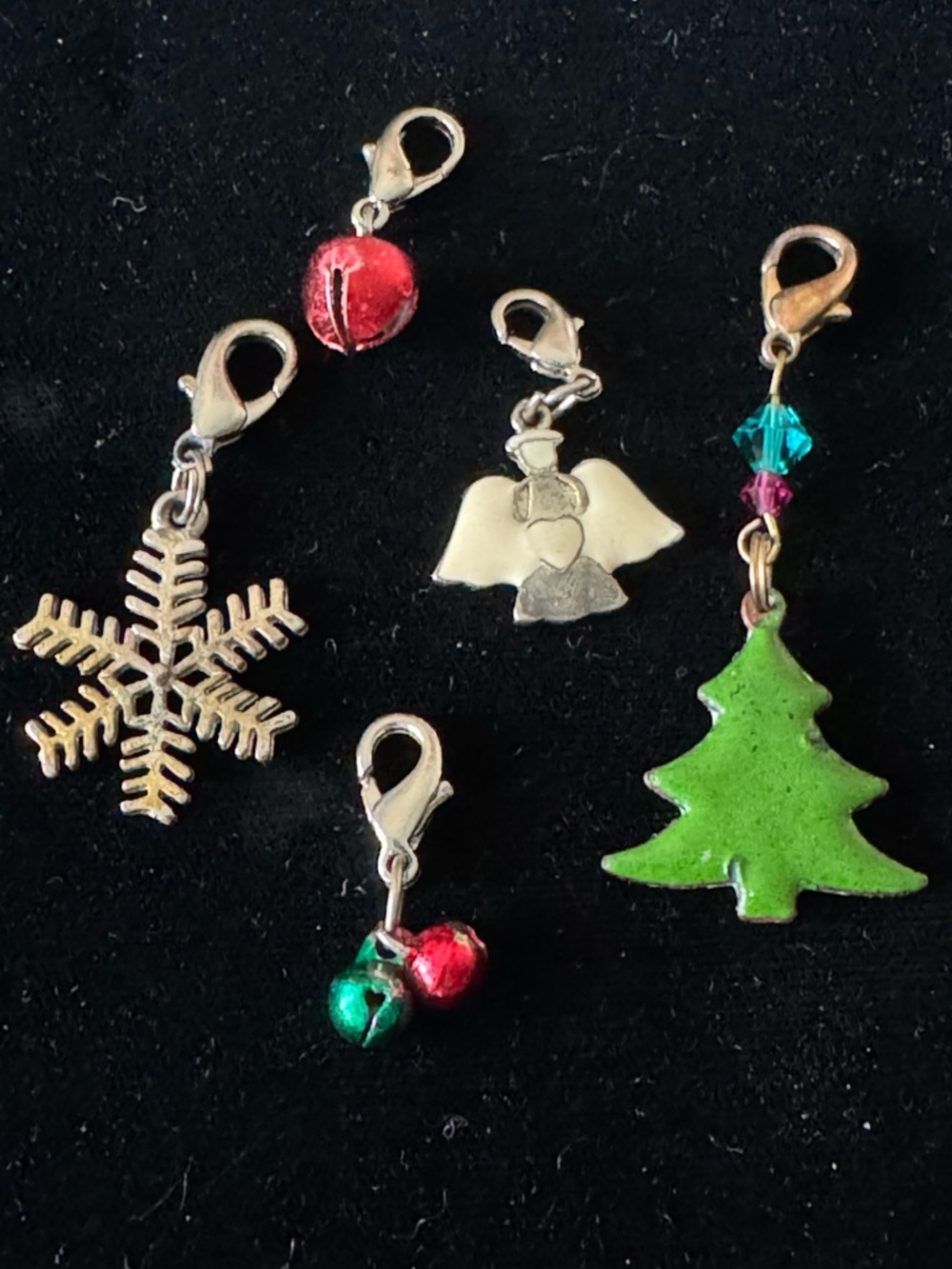 Set of 5 Holiday Charms – Xmas Tree, Angel, Snowflake & Red/Green Bells